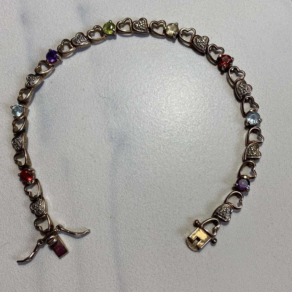 Gemstone & heart chain sterling‎ silver bracelet 925